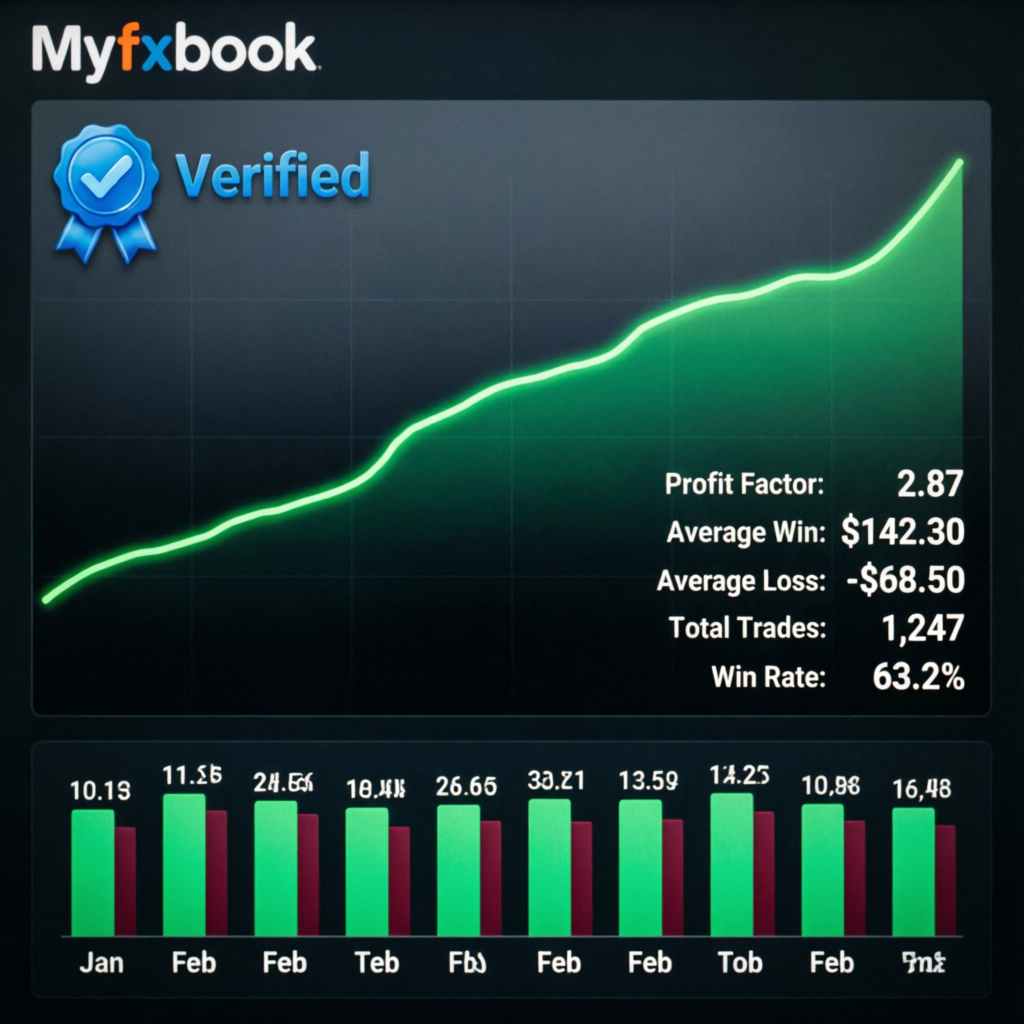 Myfxbook verified trading performance showing consistent upward equity curve with 2.87 profit factor and 63.2% win rate
