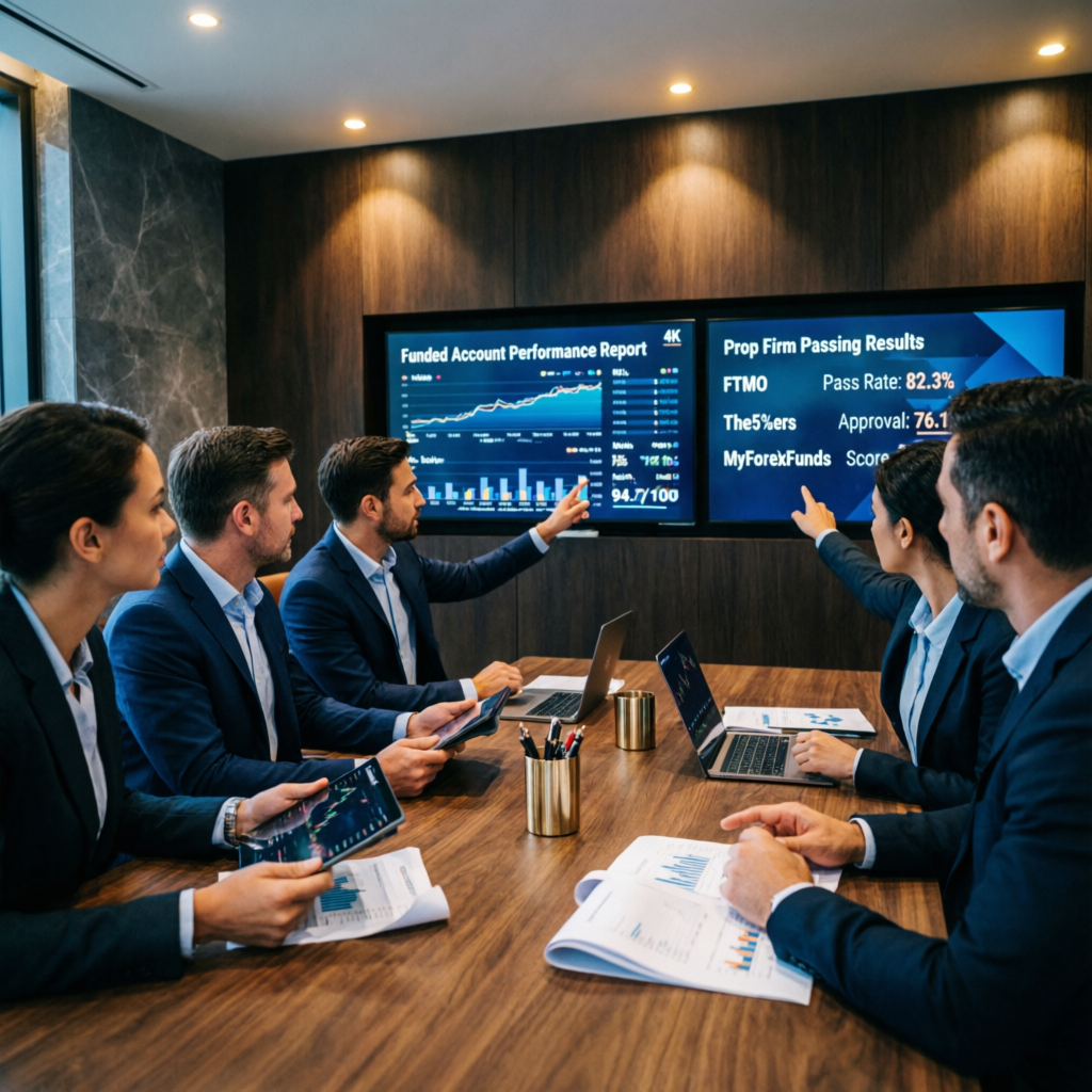 Professional trading team analyzing Funding Pips performance reports and prop firm passing results