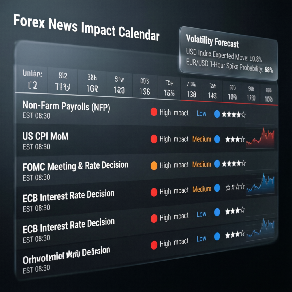 Forex news impact calendar showing high impact events, volatility forecasts, and risk assessment for Funding Pips trading