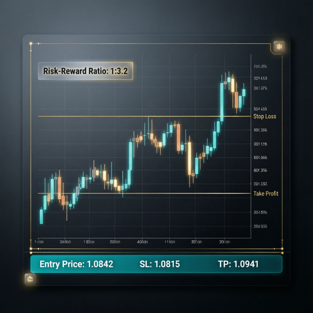 Funding Pips risk-reward ratio analysis chart showing stop loss and take profit levels with 1:3.2 ratio