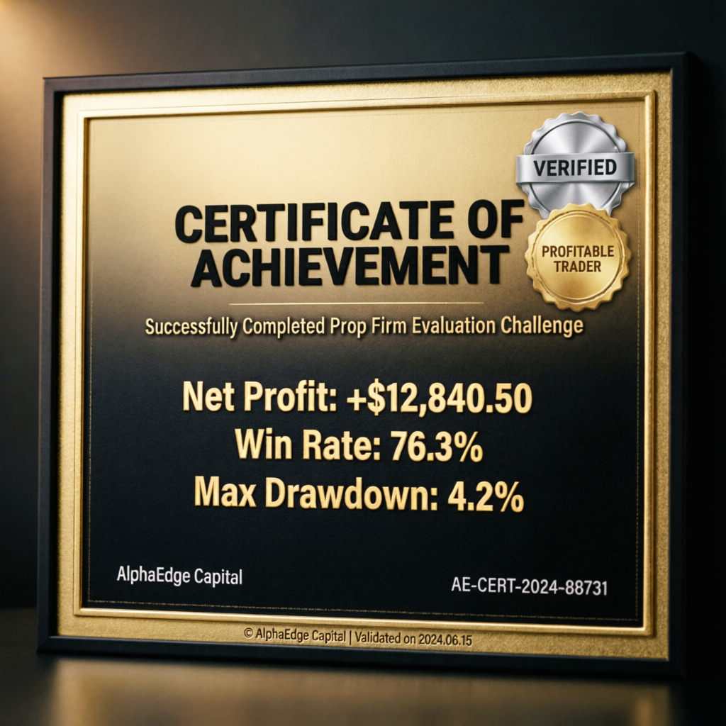 Certificate of Achievement for successfully completing Funding Pips prop firm evaluation with 76.3% win rate and 4.2% max drawdown