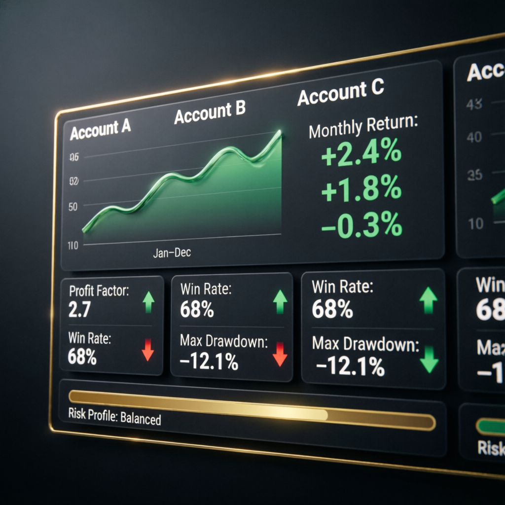 Portfolio dashboard showing multiple funded accounts with monthly returns, profit factors, and win rate statistics