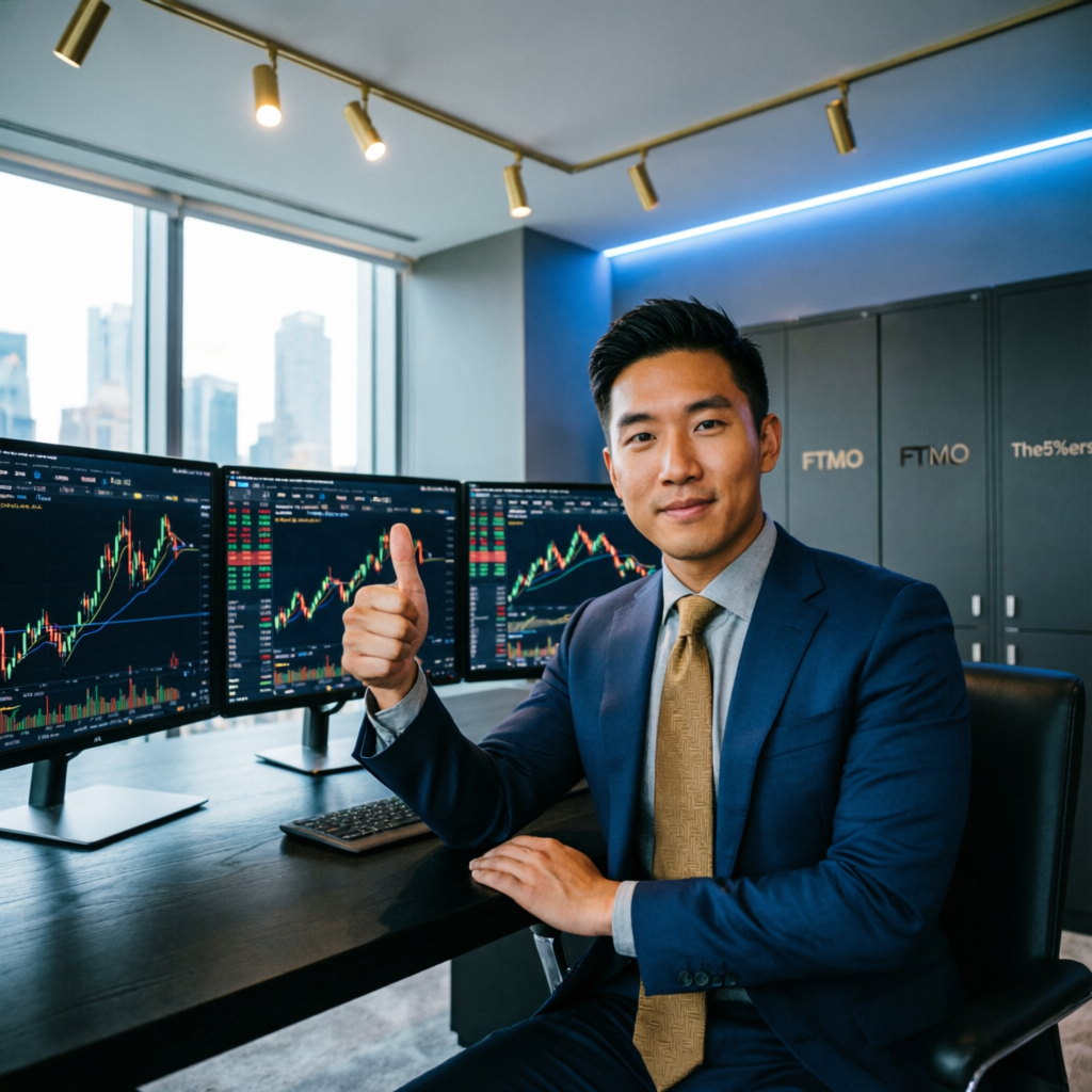 Successful funded trader giving thumbs up in front of multiple monitors showing Funding Pips prop firm results