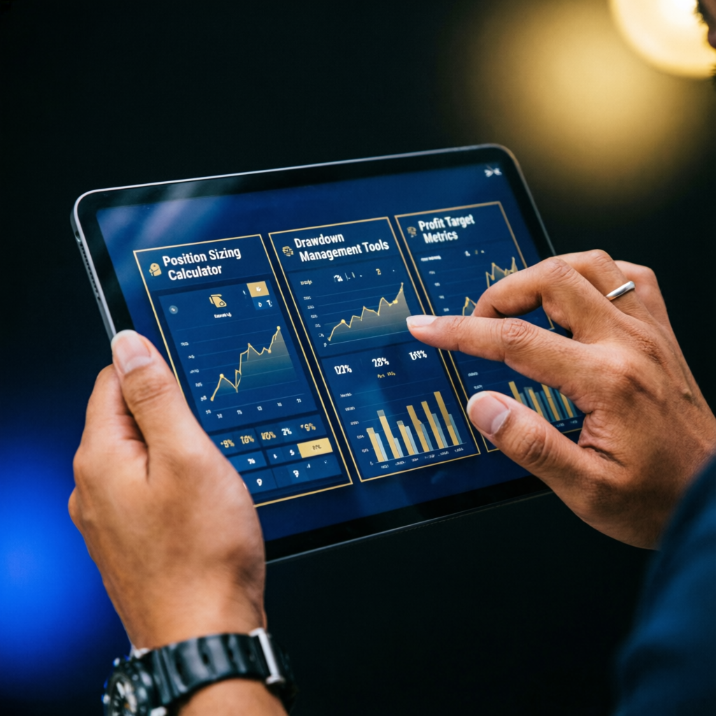 Professional trader using tablet for Funding Pips risk management with position sizing calculator and drawdown management tools