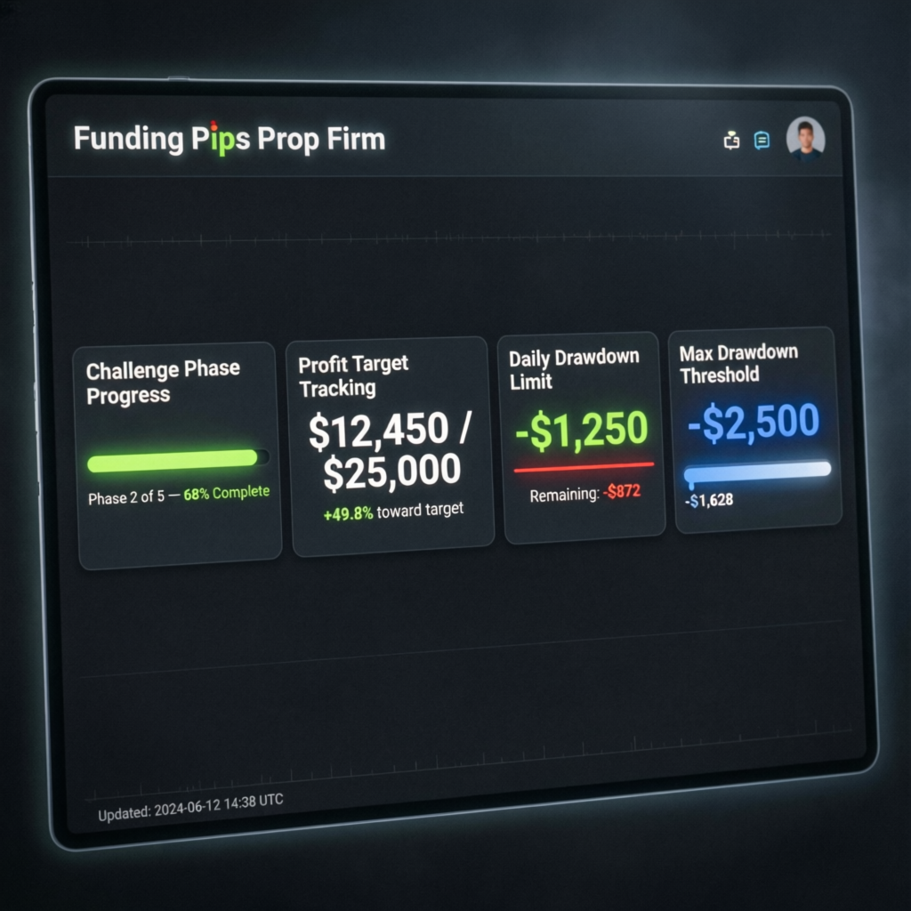 Funding Pips prop firm dashboard showing challenge progress, profit target, daily drawdown limit, and max drawdown threshold