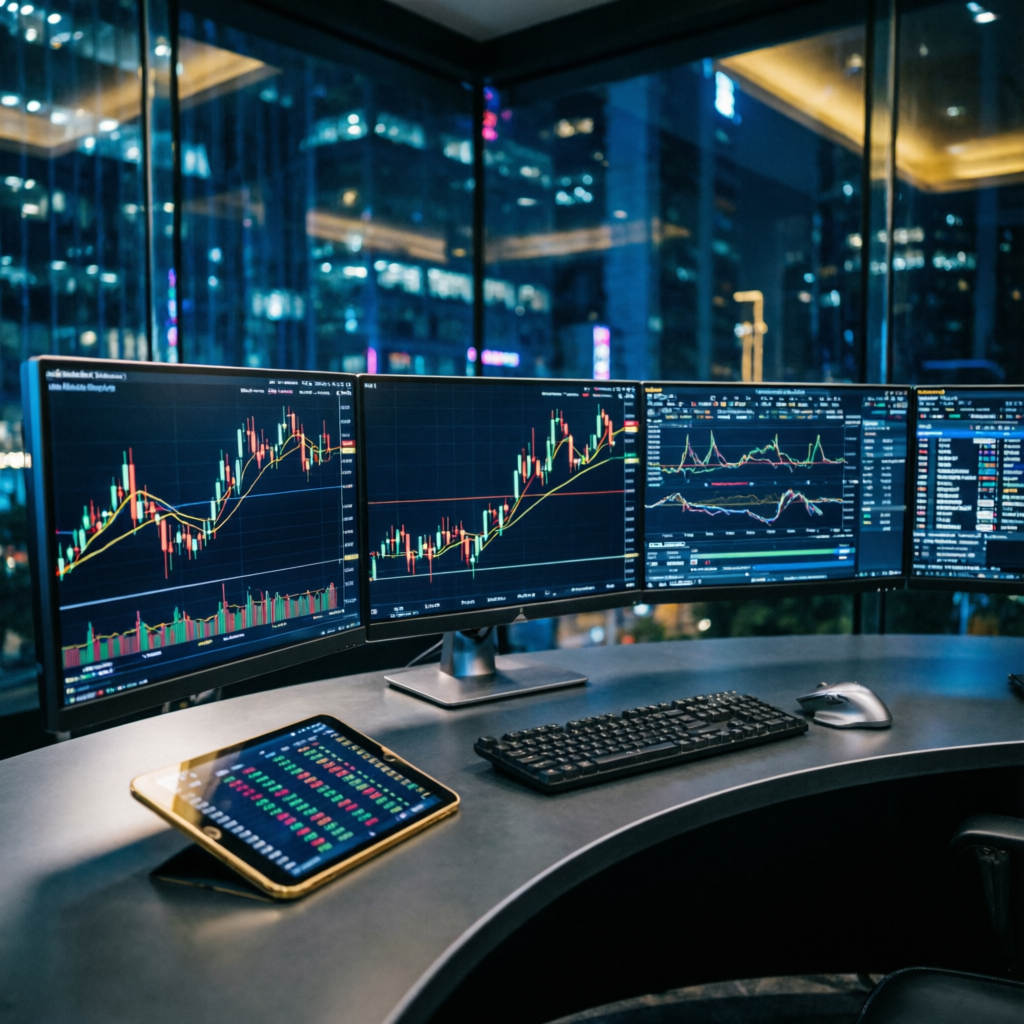 Professional forex trading desk with multiple monitors showing Funding Pips risk management charts