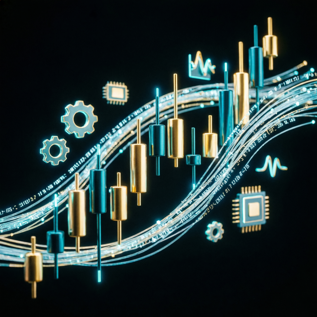 Futuristic financial analytics with 3D candlestick charts and data visualization