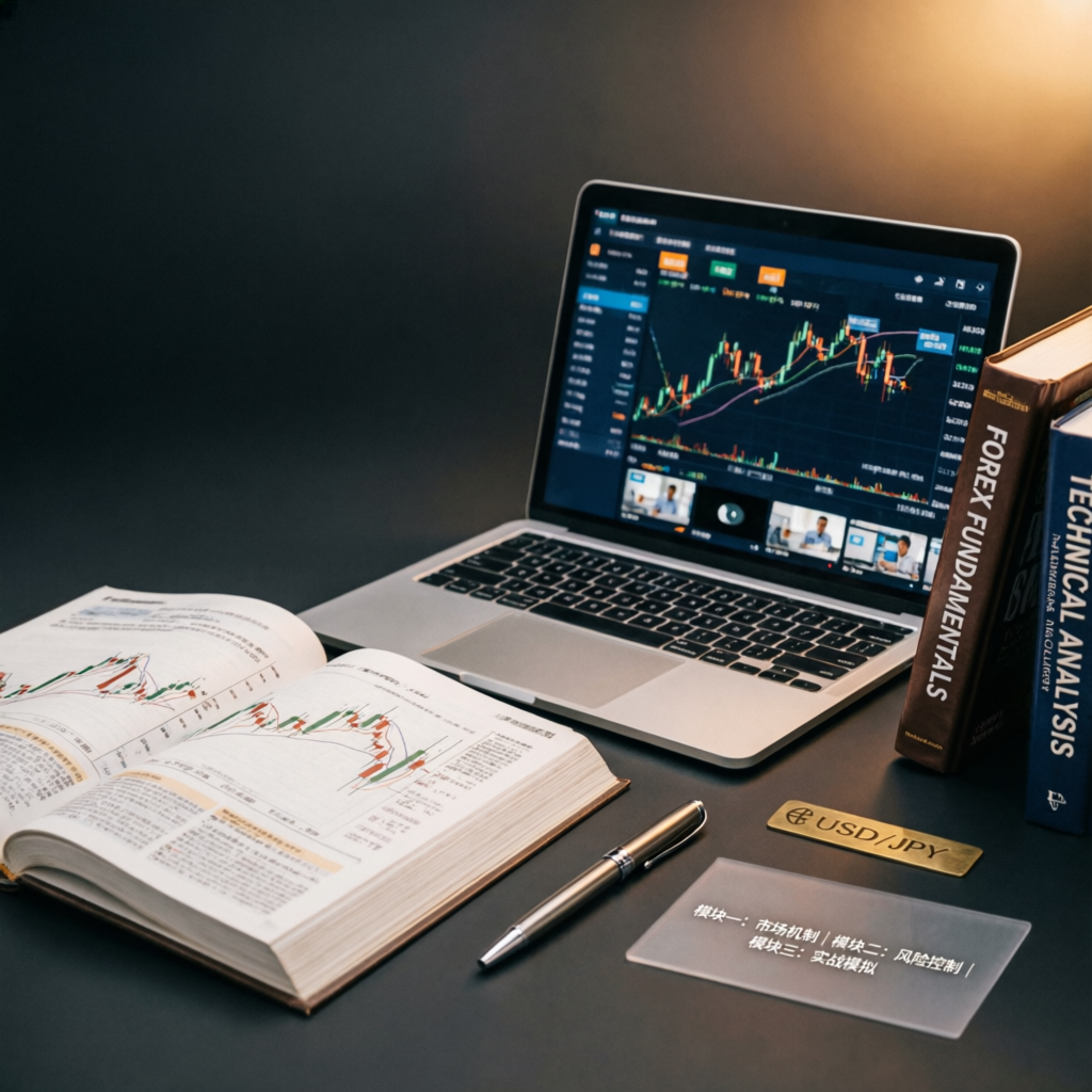 Forex education materials with laptop showing trading charts and technical analysis books