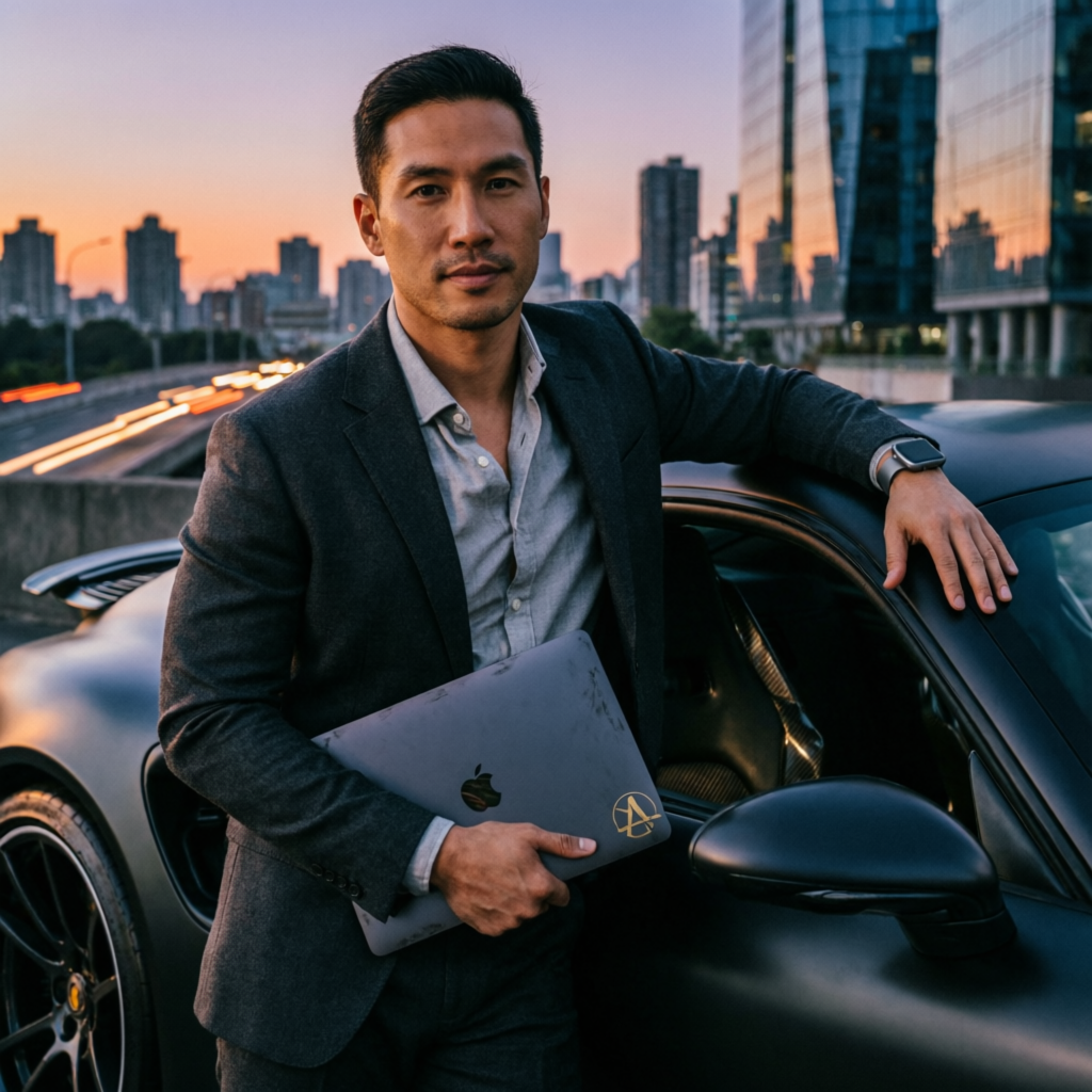 Successful funded trader with laptop standing next to luxury sports car at sunset