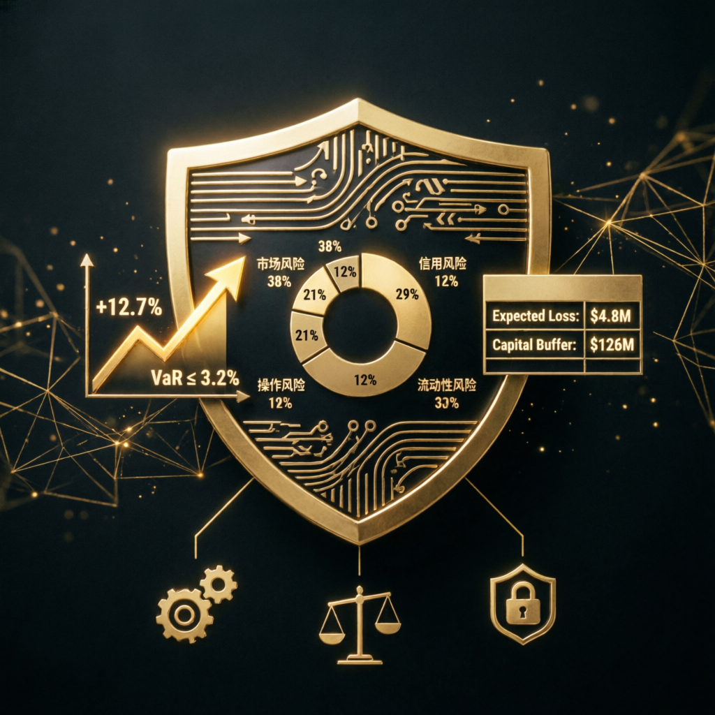 Risk management shield with financial data visualization and gold accents