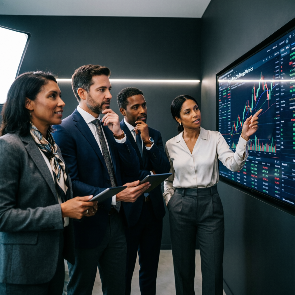 Professional trading team analyzing prop firm challenge metrics and strategies