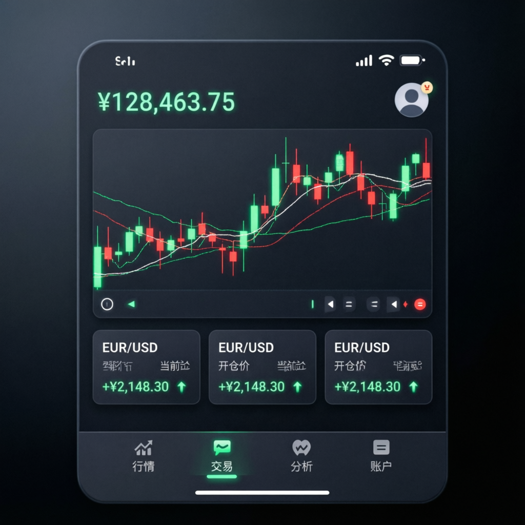 Mobile trading app showing forex charts and profit indicators on smartphone