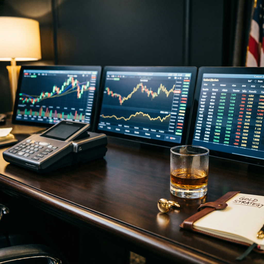 Luxury trading desk with multiple monitors showing forex charts and gold strategy notebook