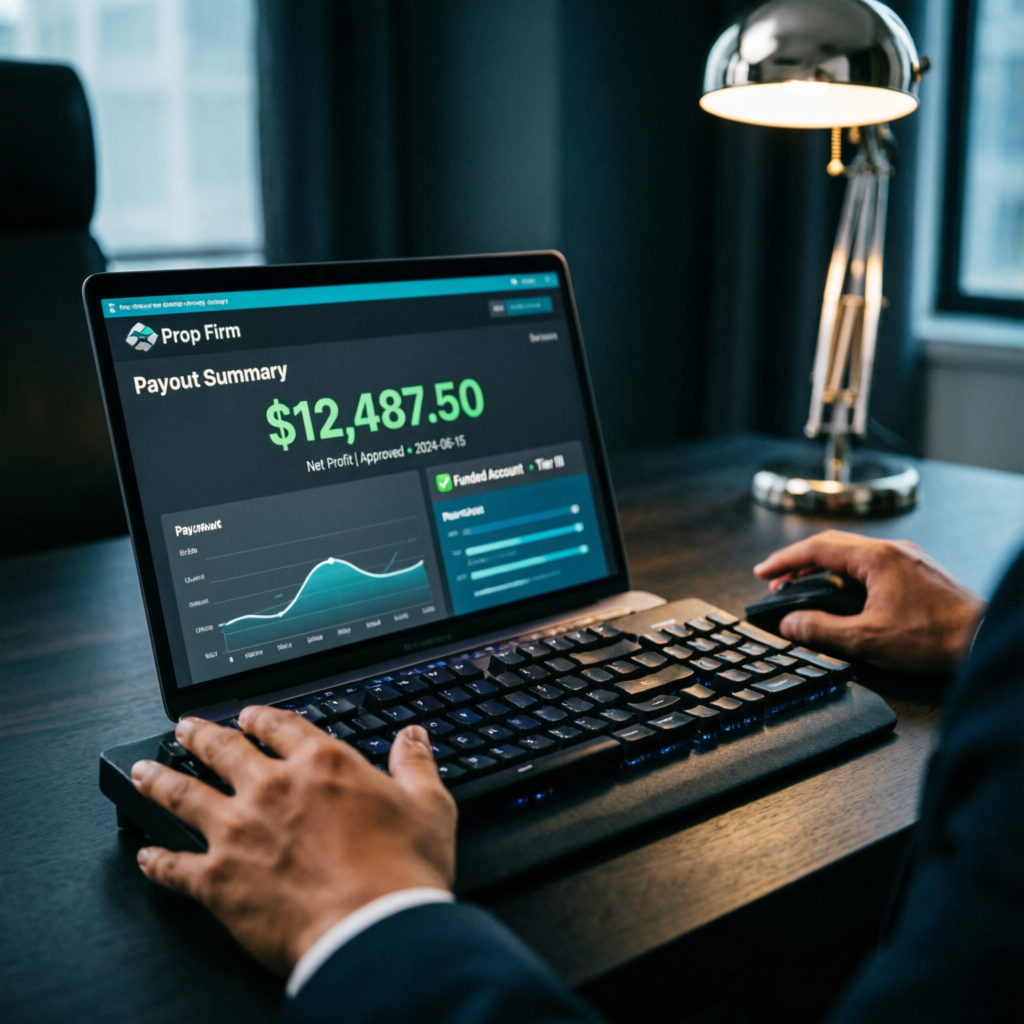Trader reviewing prop firm payout summary showing $12,487.50 profit on laptop