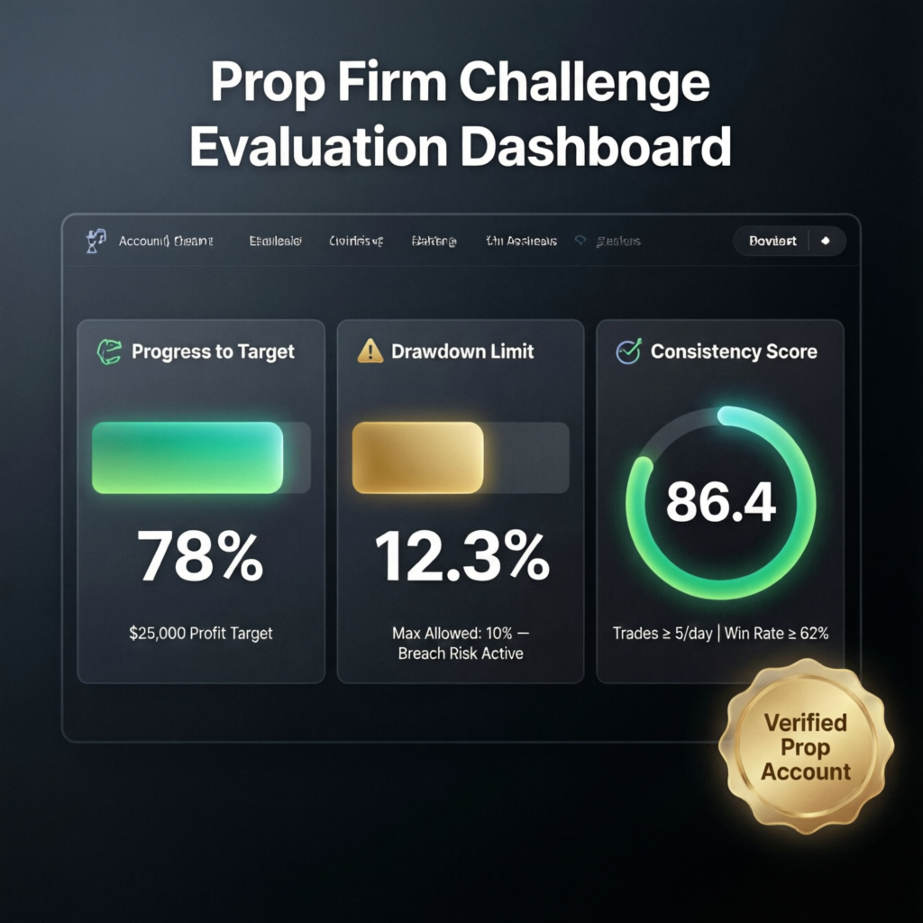 Prop firm challenge evaluation dashboard showing progress, drawdown limit and consistency score