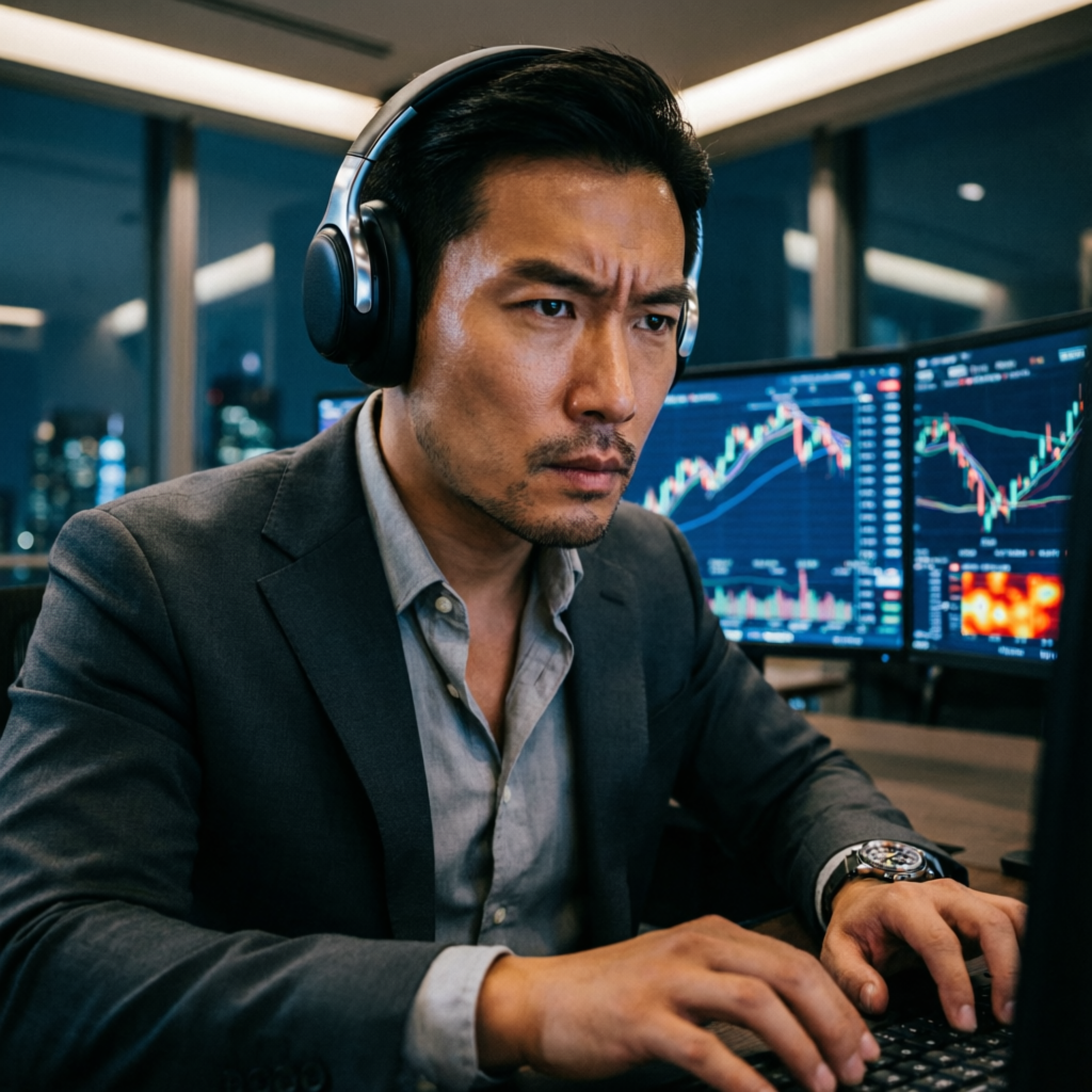 Professional trader with headset analyzing multiple forex charts with intense focus