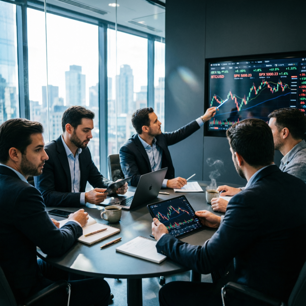 Professional traders meeting discussing prop firm strategies in modern office