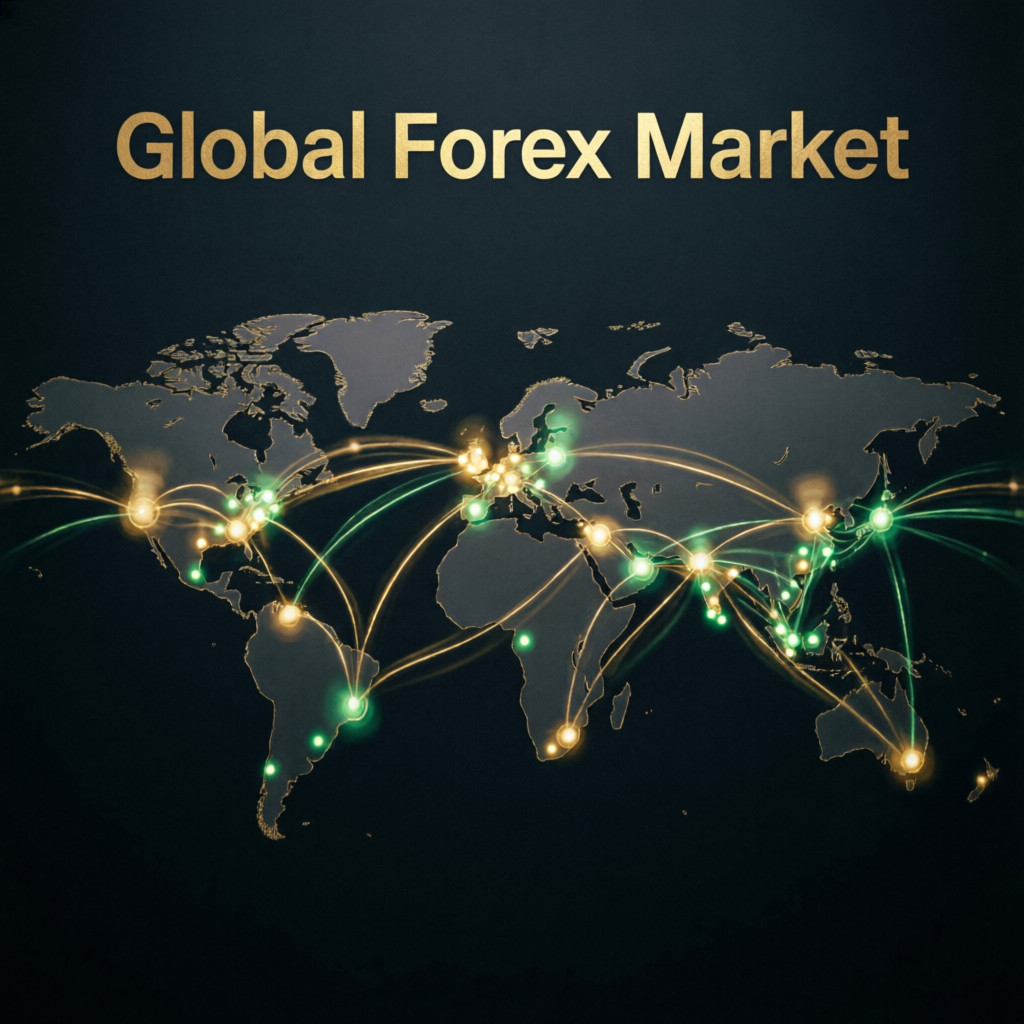 Global forex market world map with trading connections and gold green nodes