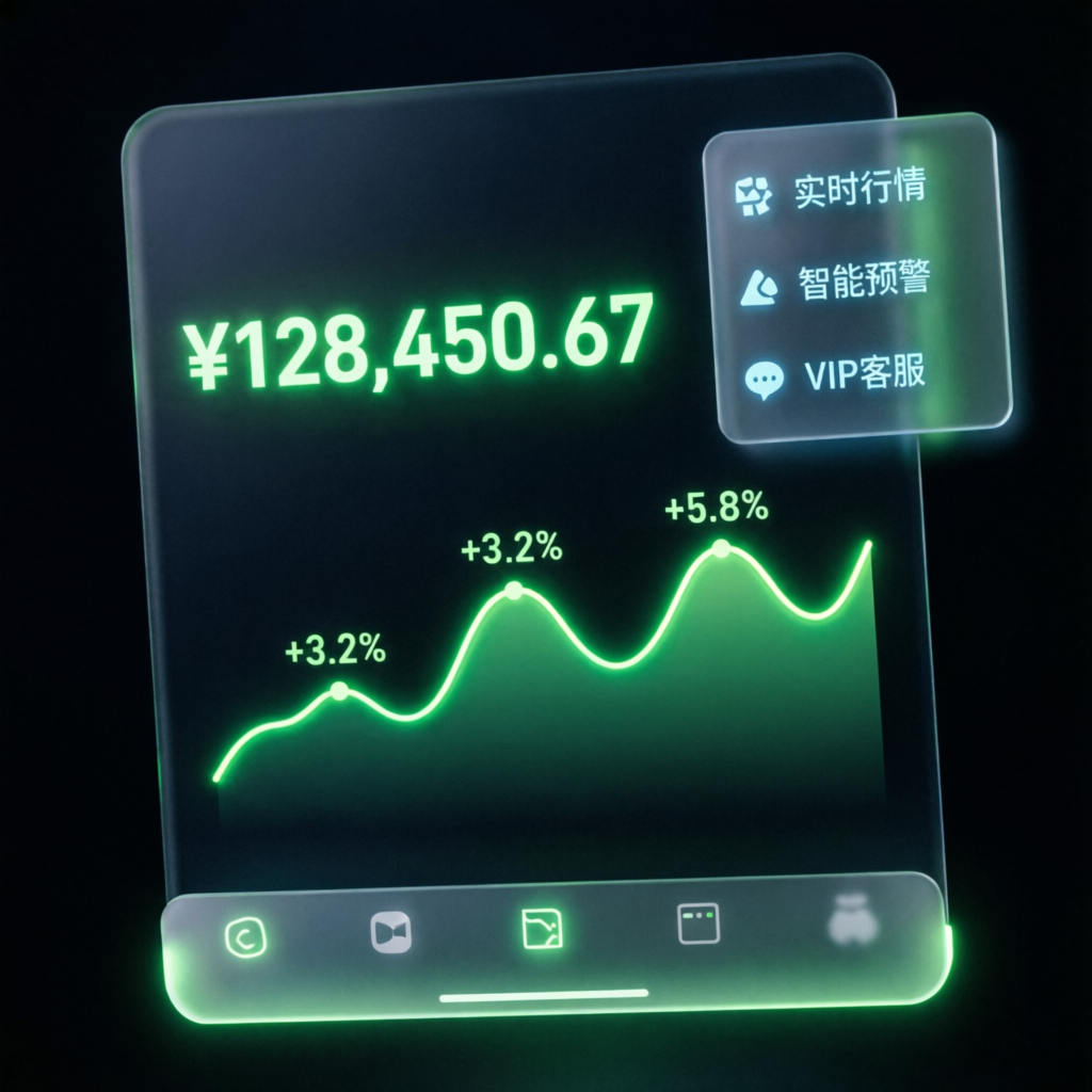 Mobile trading app showing profit growth with glassmorphism design