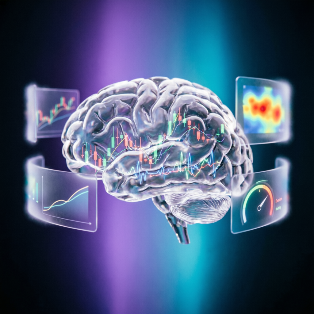 Abstract trading psychology visualization with brain and charts merging