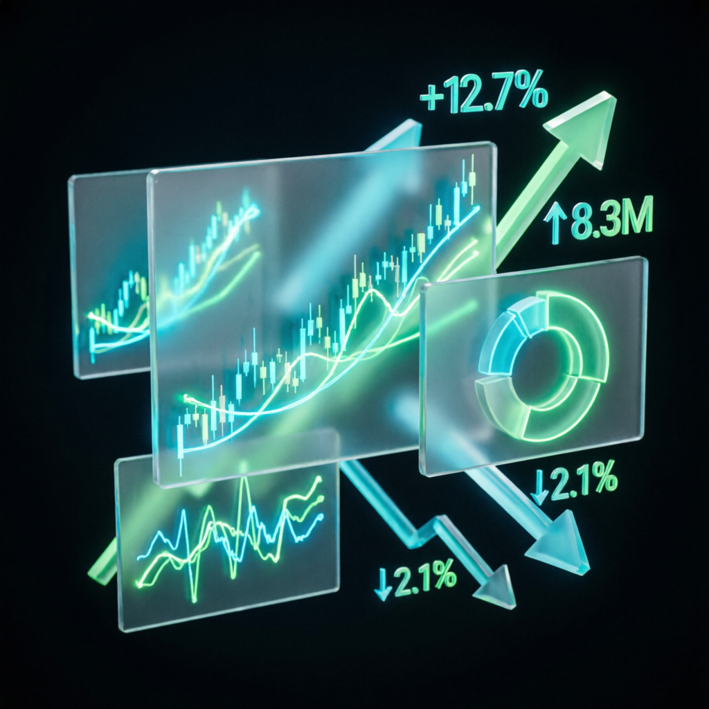 Abstract financial visualization showing trading charts and profit indicators with glassmorphism design