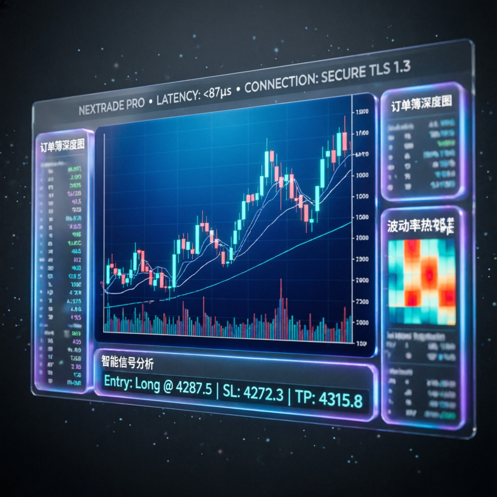 Futuristic futures trading platform interface with NinjaTrader style charts