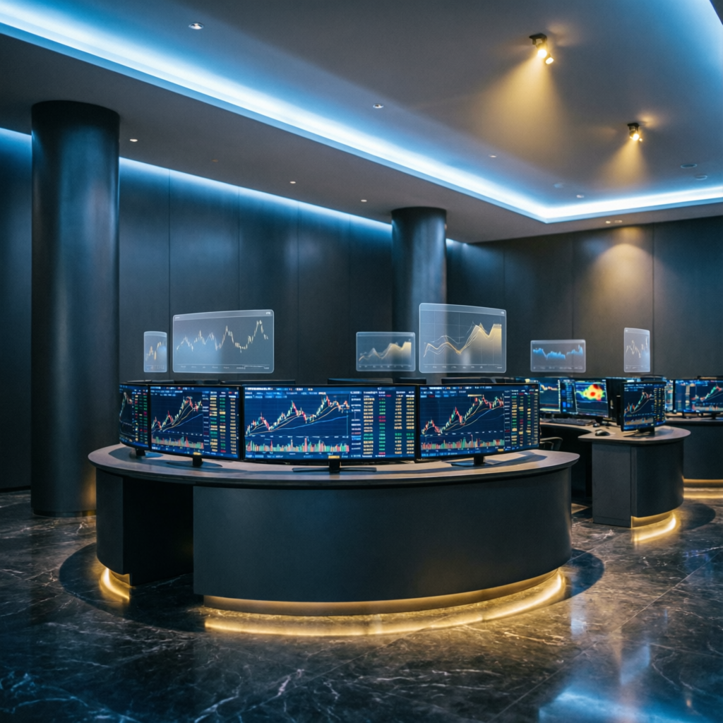 Modern prop firm trading floor with multiple monitors showing futures trading data