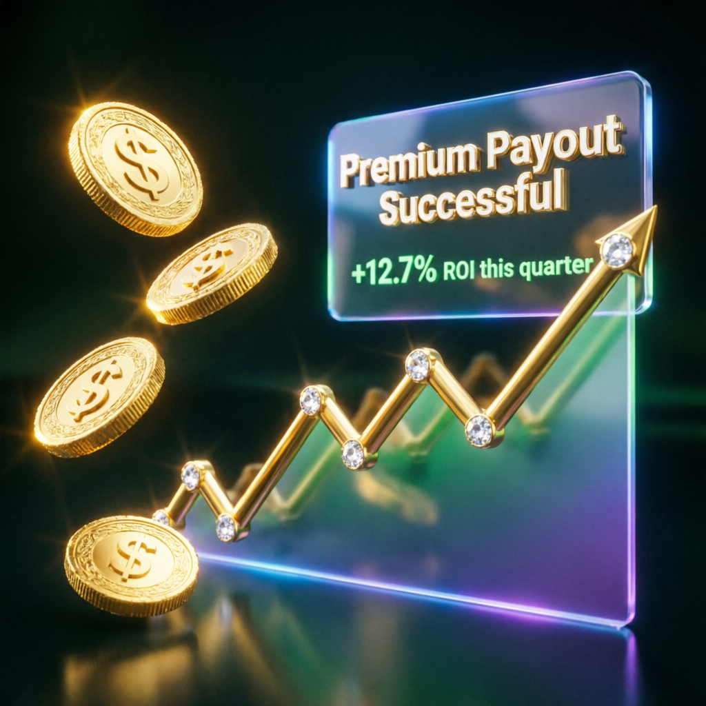 Premium payout success visualization with golden coins and rising profit chart