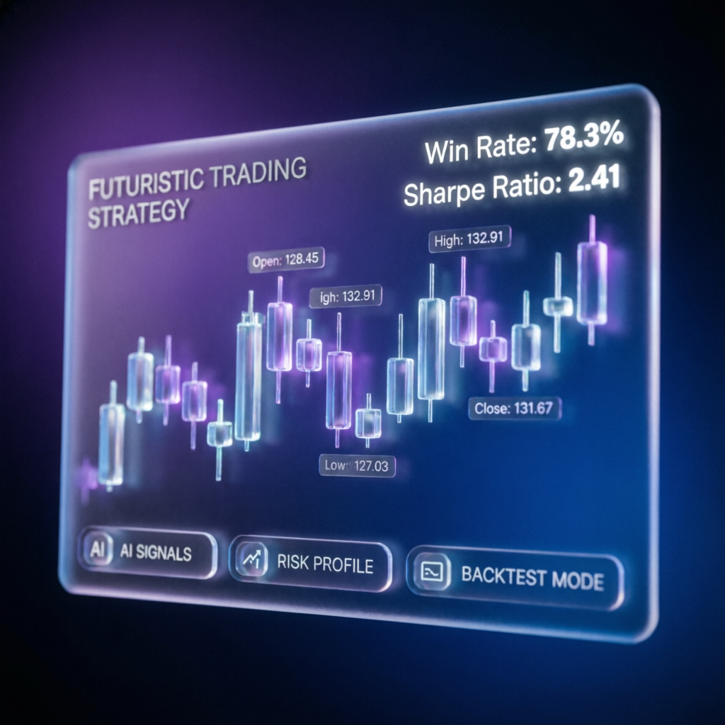 Futuristic trading strategy visualization with holographic candlestick charts