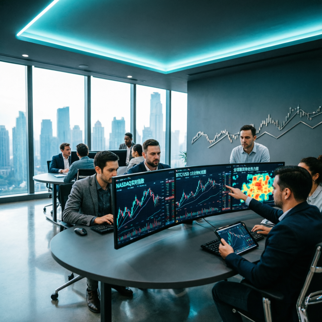 Professional trading community workspace with traders collaborating