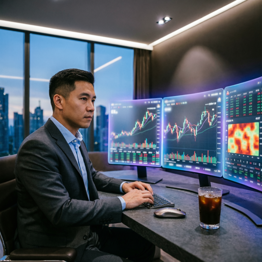 Professional trader analyzing multiple screens with futures market data