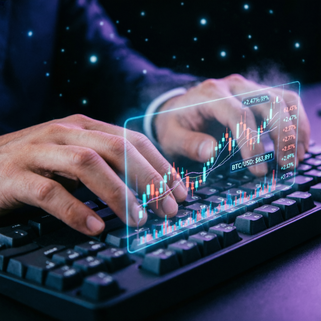 Professional trader executing Apex Trader Funding evaluation with holographic trading charts
