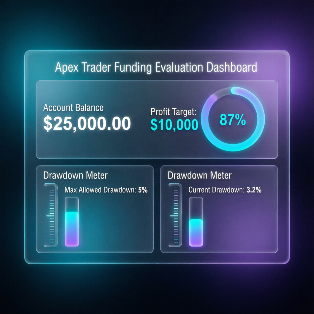 Apex Trader Funding evaluation dashboard showing profit target and drawdown meter