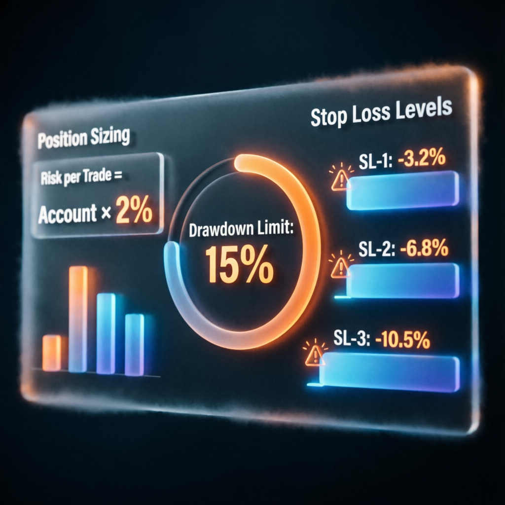 Risk management dashboard showing drawdown limits and position sizing