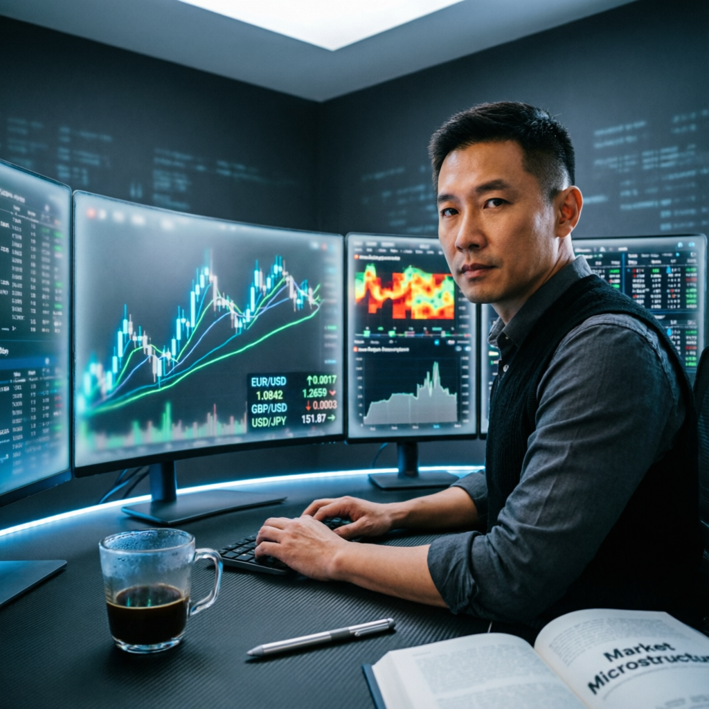 Professional forex trader at multi-monitor Apex Trader Funding setup