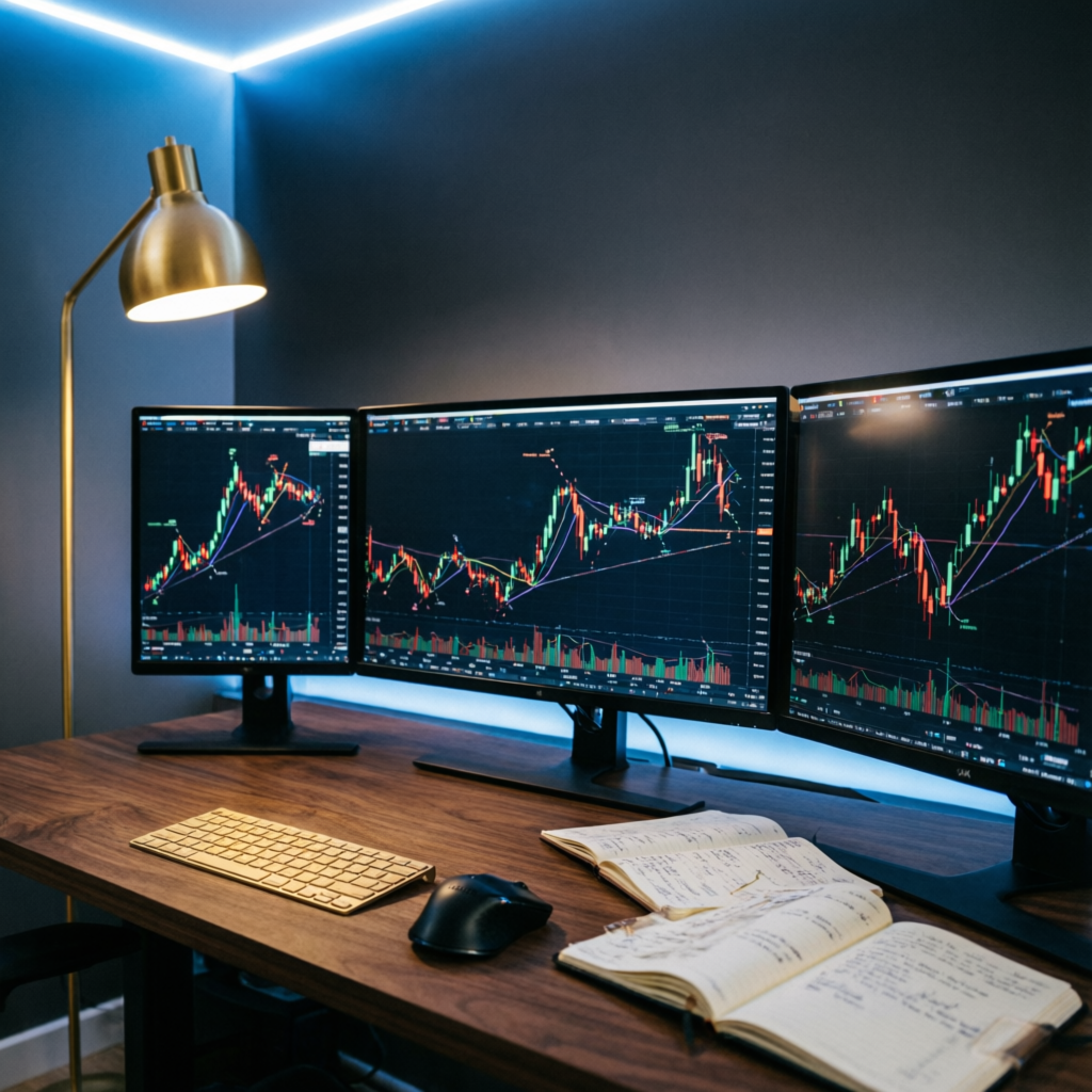 Professional forex trading workspace with multiple monitors showing Alpha Capital Group charts