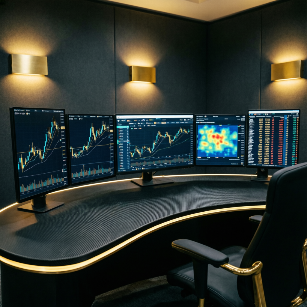 Professional forex trading desk setup with multiple monitors displaying charts - PFM Capitals trading environment