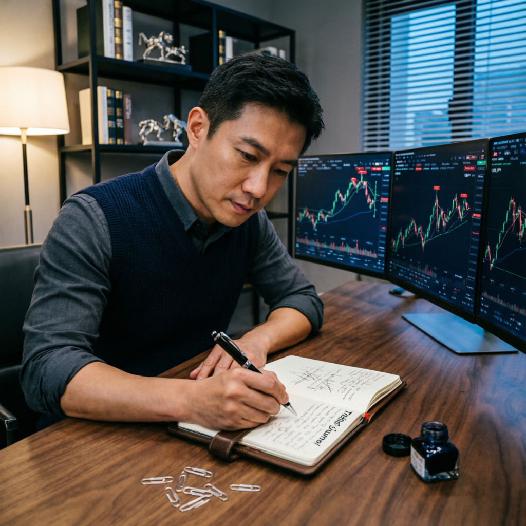 Professional trader writing detailed analysis in trading journal with multiple forex chart monitors - forex account management documentation