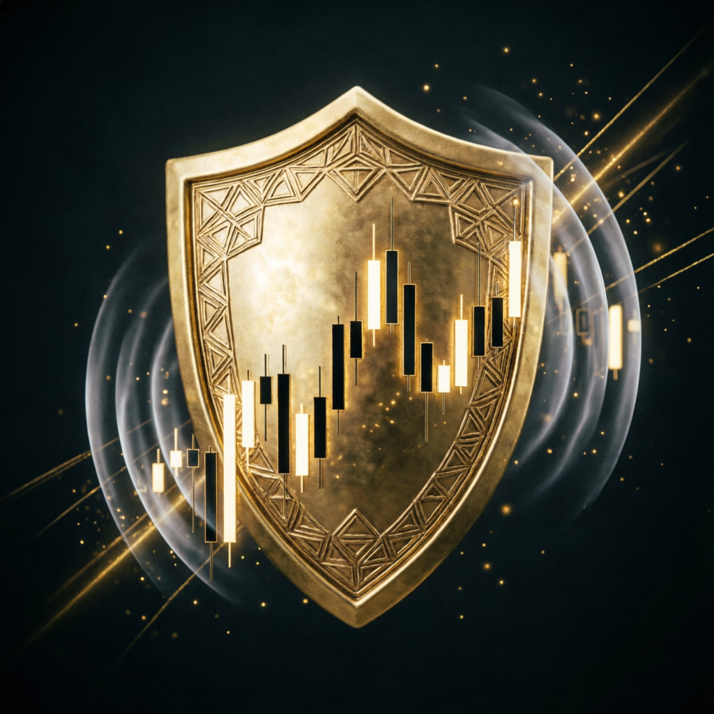 Golden shield protecting forex candlestick charts representing Hantec trader risk management and capital protection strategies