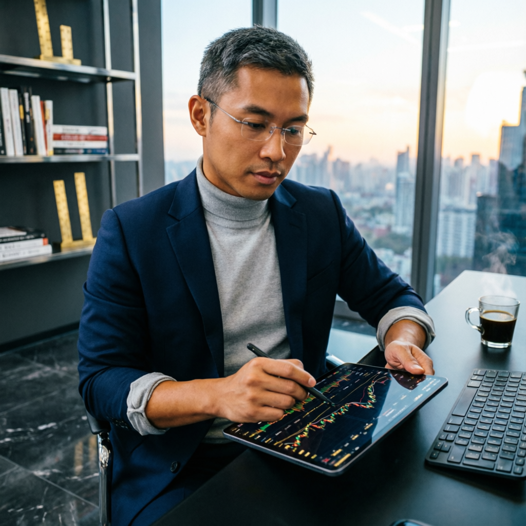 Professional forex trader analyzing charts on tablet for funded account management service by PFM Capitals