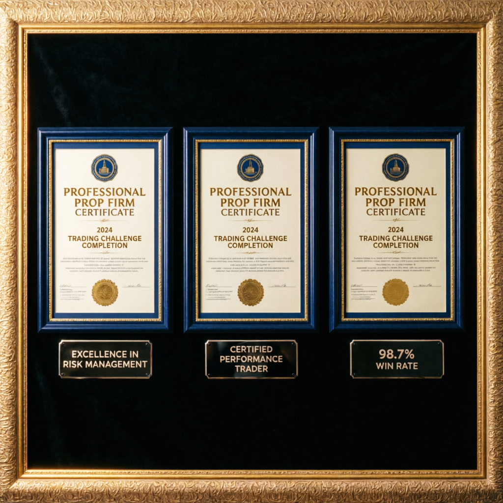 Professional prop firm certificates display showing trading challenge completion excellence in risk management and certified performance