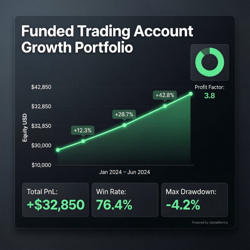Funded trading account growth portfolio showing equity increase with profit factor win rate and max drawdown statistics