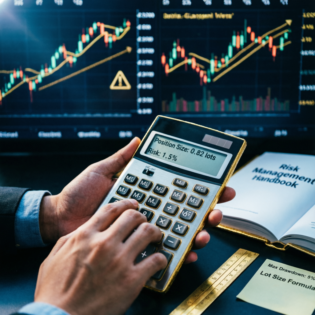 Position sizing calculator with forex charts showing risk management calculation for prop firm trading