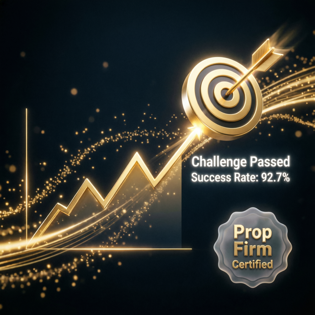 Prop firm challenge passed success rate illustration showing 92.7% success rate with golden target and certified badge