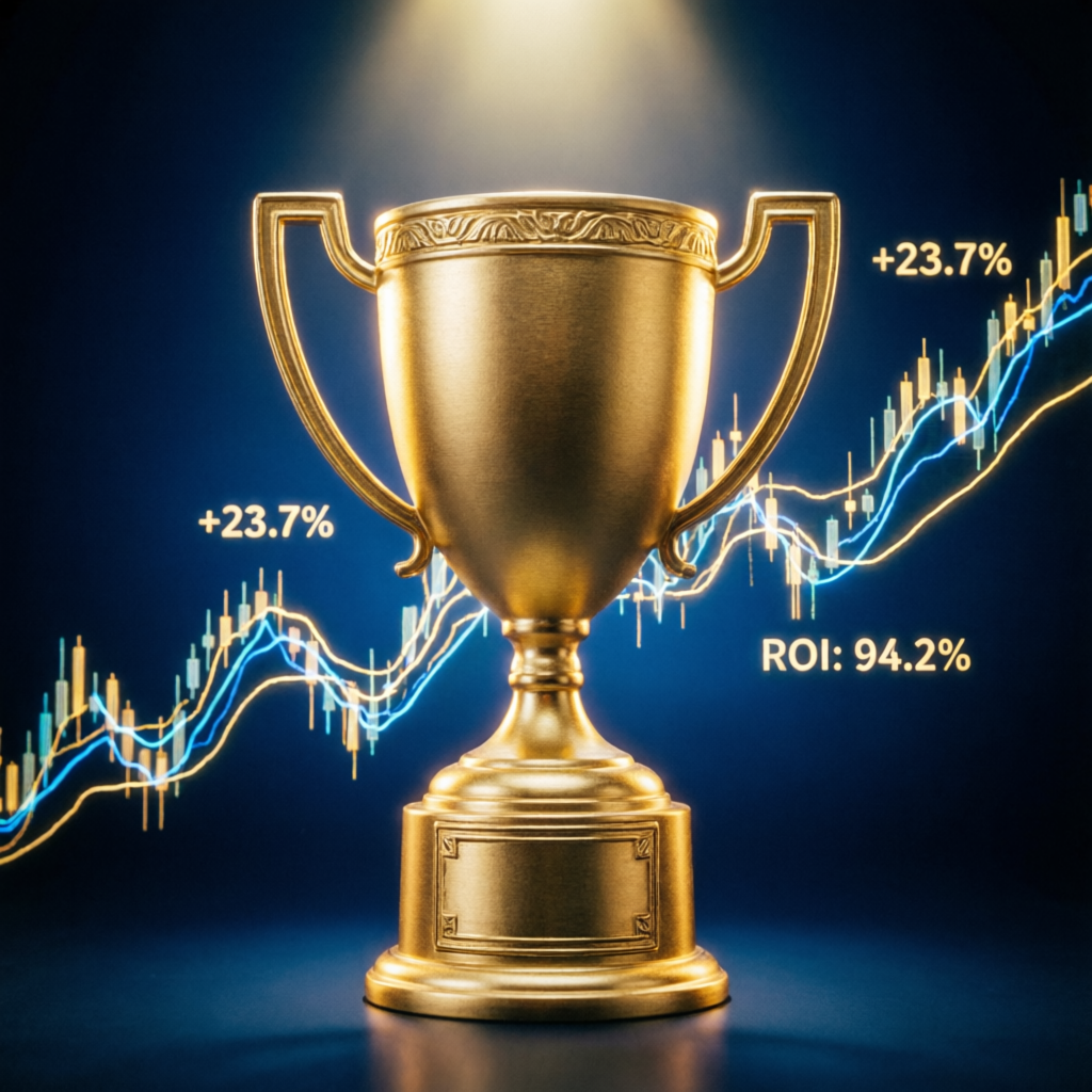 Funded trading account success with golden trophy and trading charts showing profitable results
