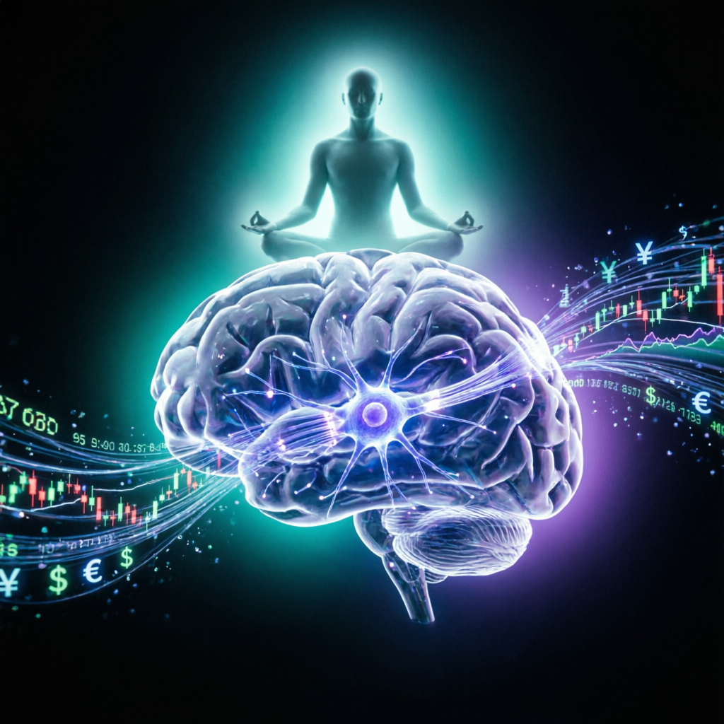 Trading psychology visualization showing meditating figure above neural brain with financial data streams