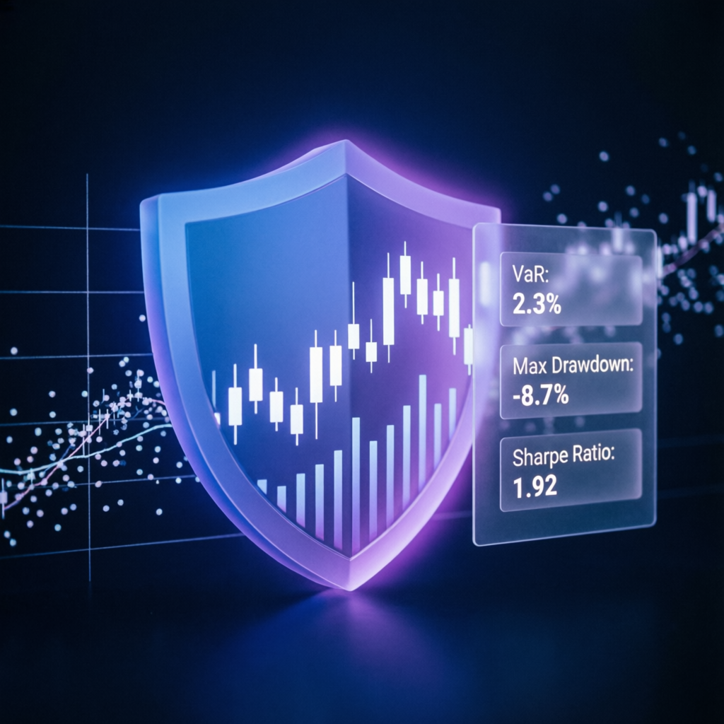 Risk management shield protecting trading account with VaR, Max Drawdown, and Sharpe Ratio metrics