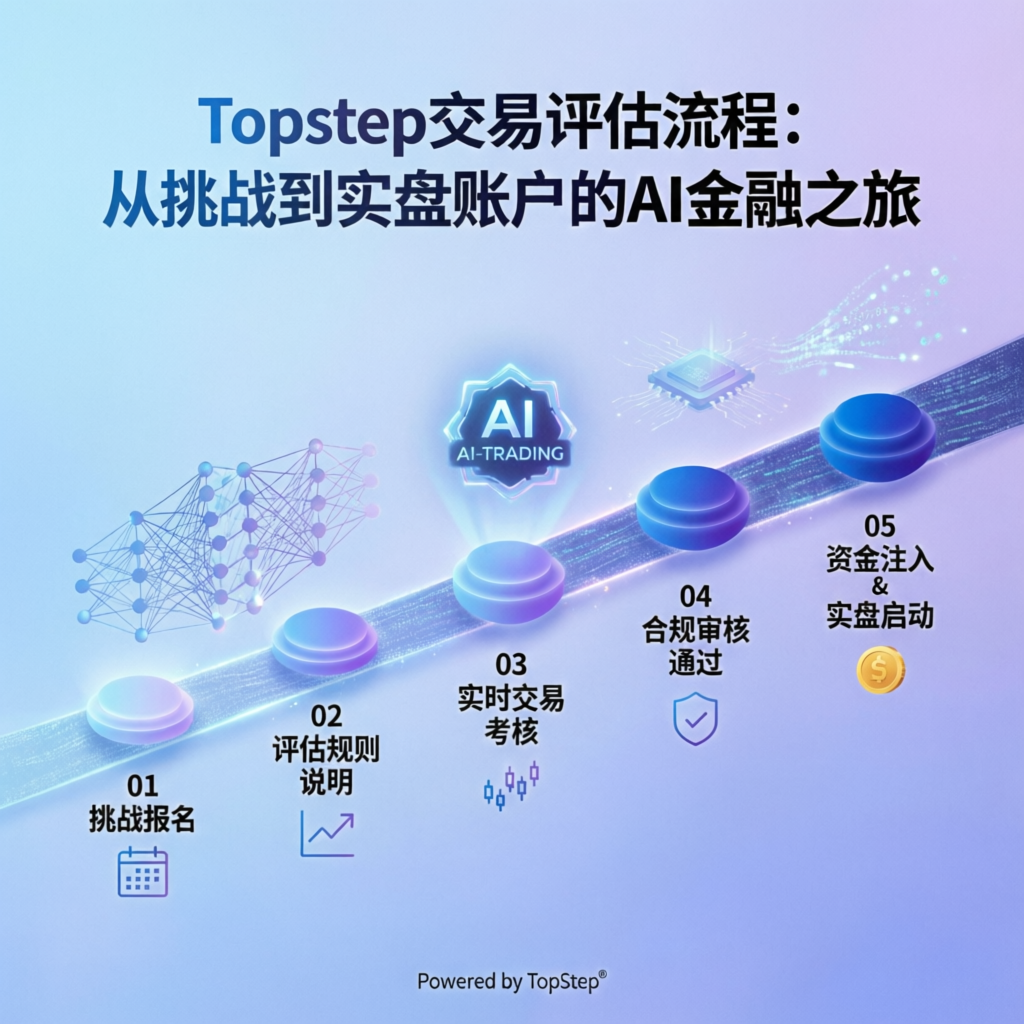 Topstep evaluation process infographic showing journey from challenge to funded account with AI trading technology