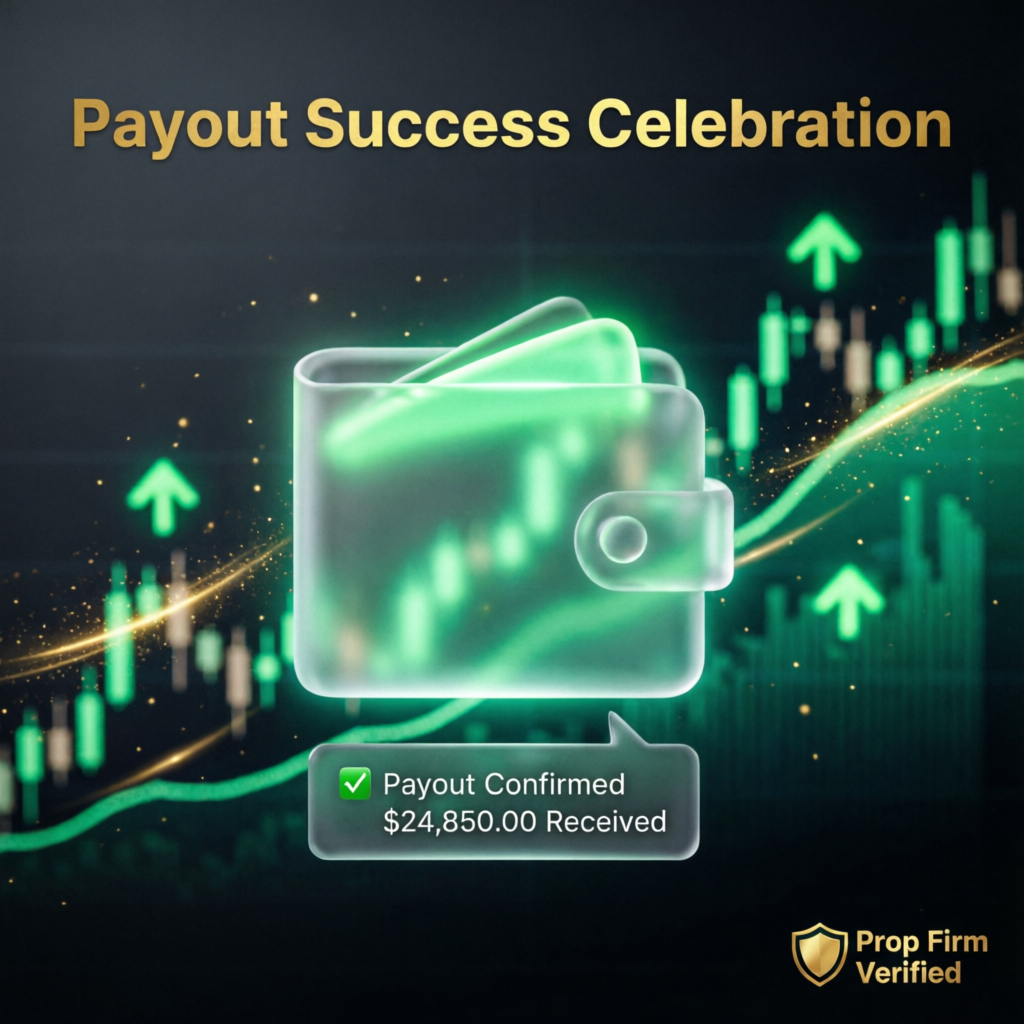 Payout success celebration showing confirmed prop firm payout of $24,850 with trading charts