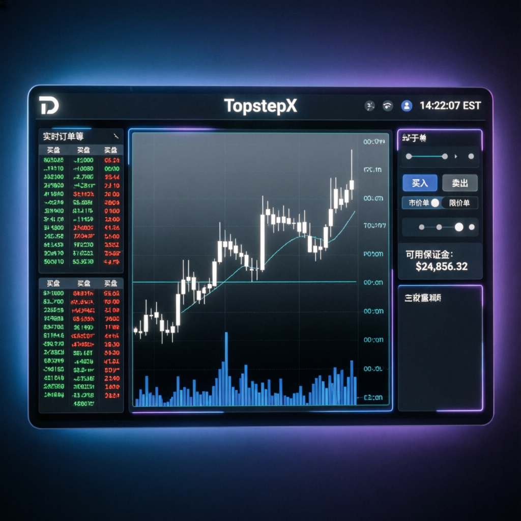 TopstepX trading platform interface showing futures contracts and candlestick charts with order book